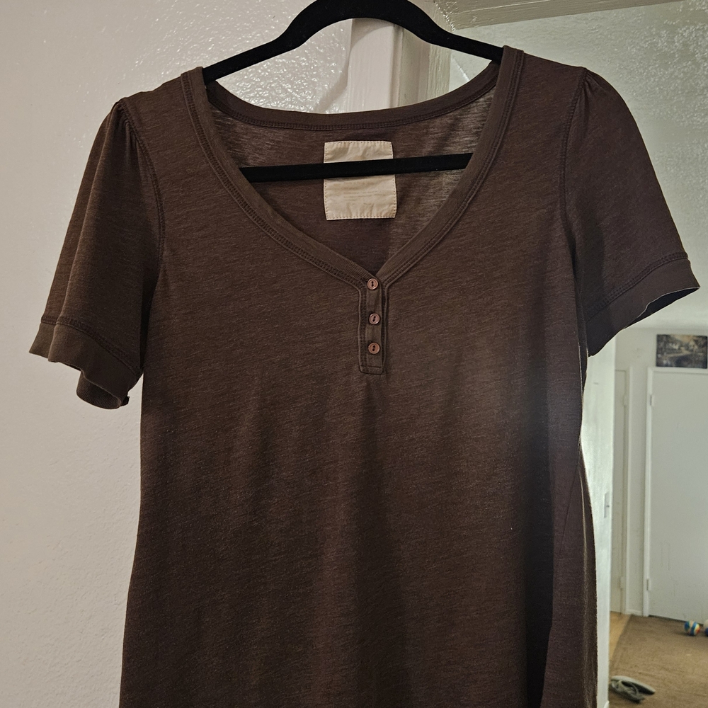 V-Neck Brown Women's Short Sleeve Top